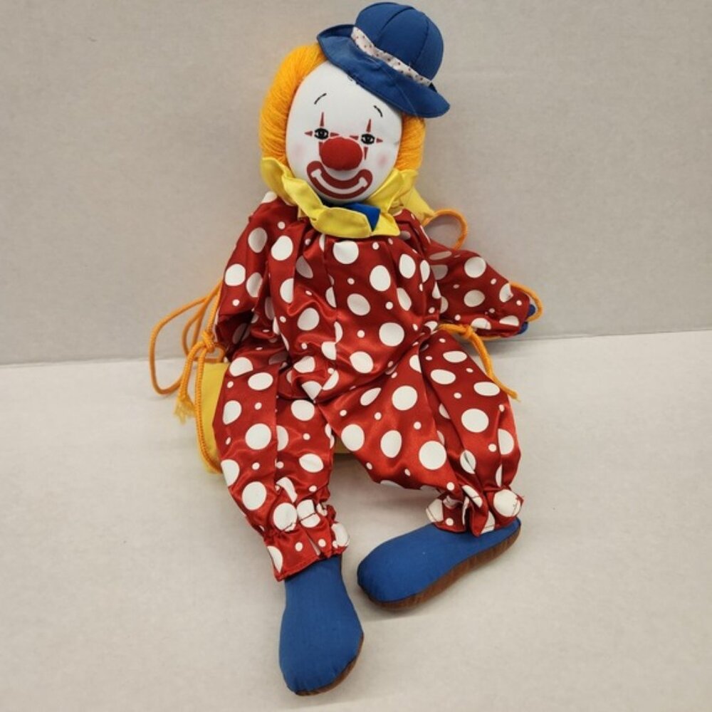 Vintage Clown Doll Red Polka Dot Outfit‎ Blue Hat Yarn Hair Cute Decor